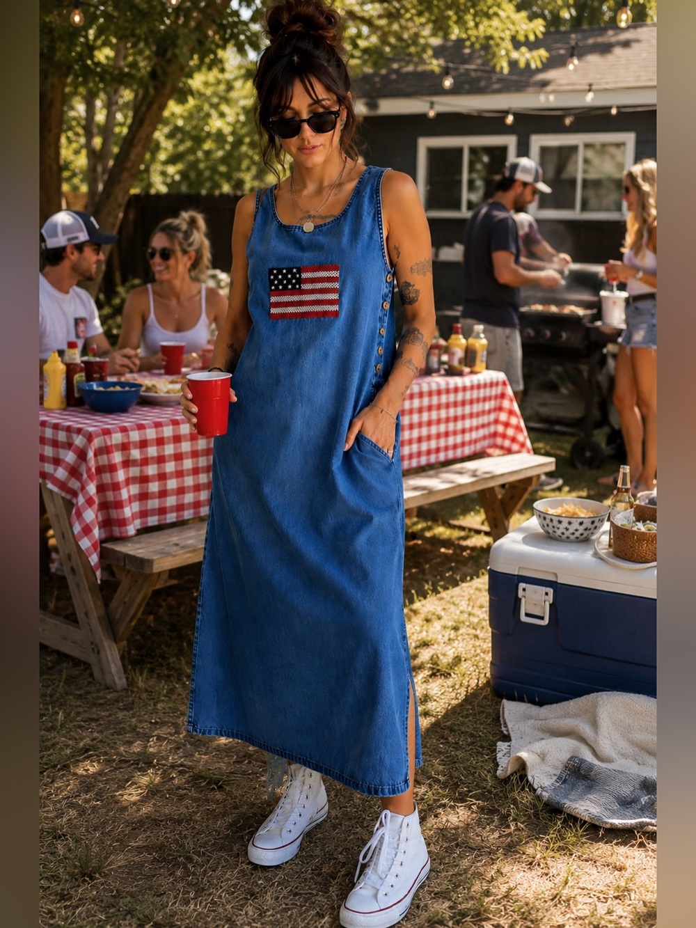 Vintage Carolina Blues Denim Jumper Dress Americana Flag Embroidered Midi/Maxi